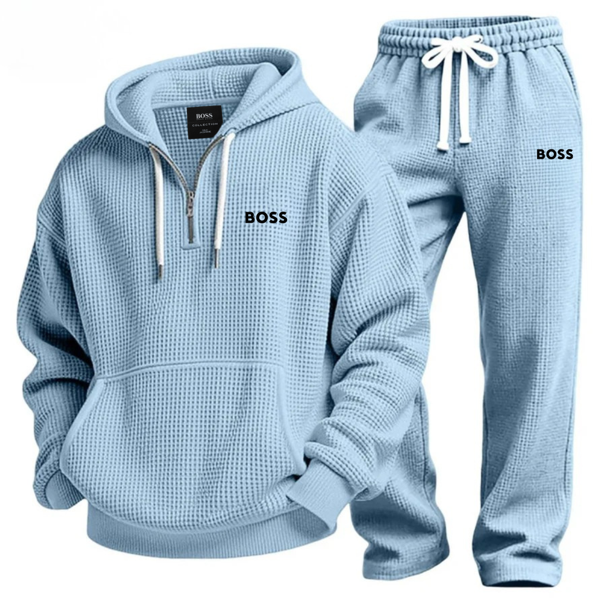Mens Waffle Knit Half Zip Hoodie Jogger Set – 2 Piece Lounge Tracksuit