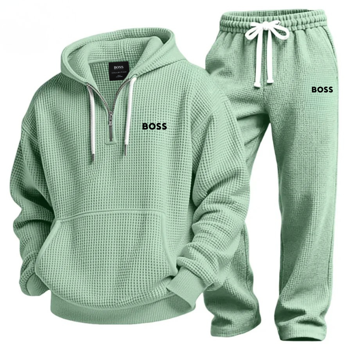Mens Waffle Knit Half Zip Hoodie Jogger Set – 2 Piece Lounge Tracksuit