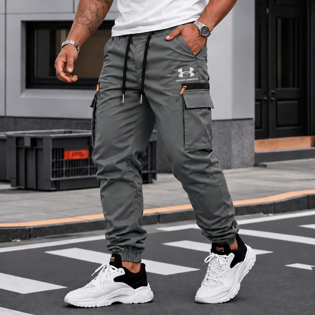 Men Woven Cargo Pants Elastic Drawstring Waist Joggers Outdoor Training Sweatpants