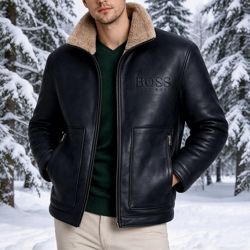 2026 Men's Leather Jacket with Shearling Collar