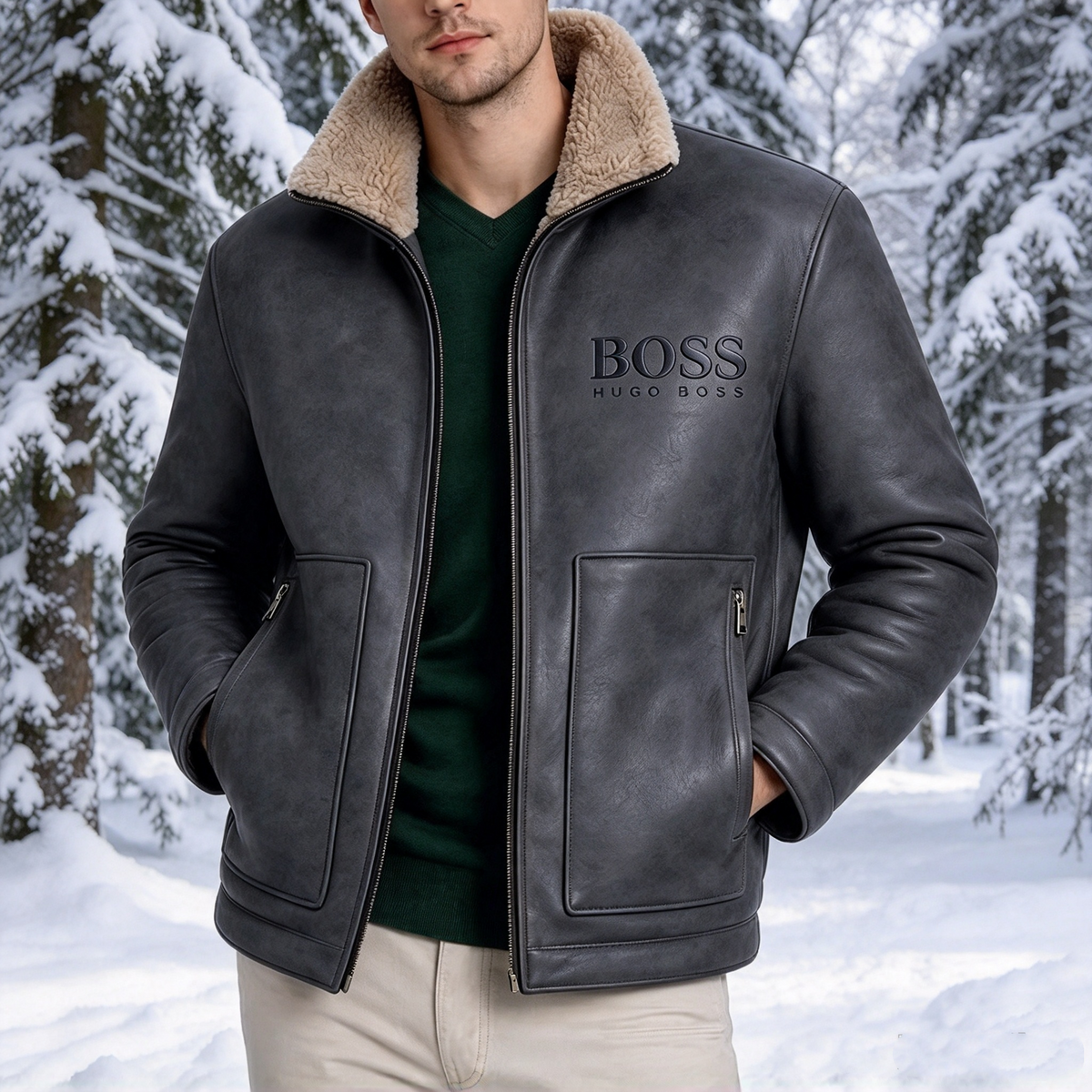 2026 Men's Leather Jacket with Shearling Collar