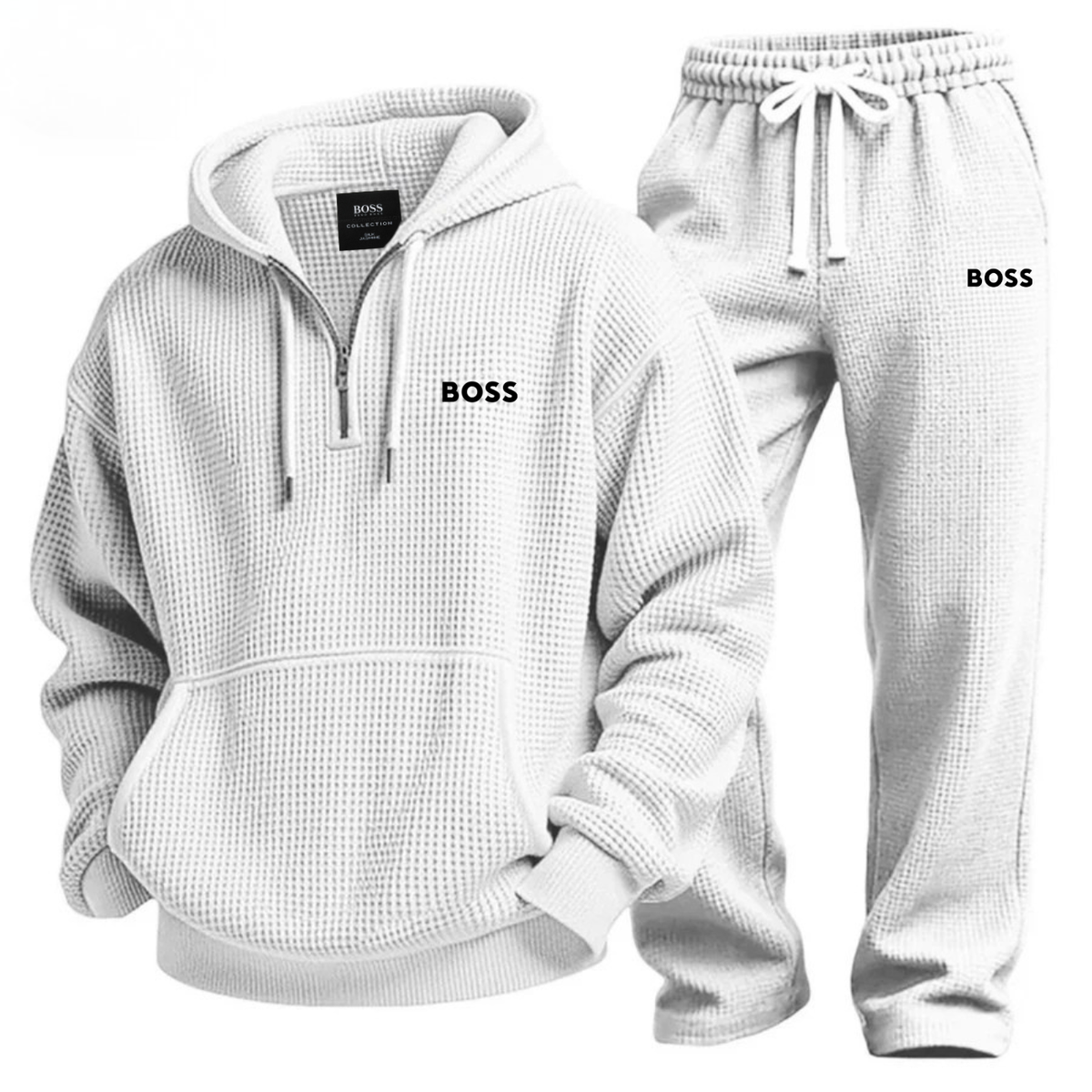 Mens Waffle Knit Half Zip Hoodie Jogger Set – 2 Piece Lounge Tracksuit