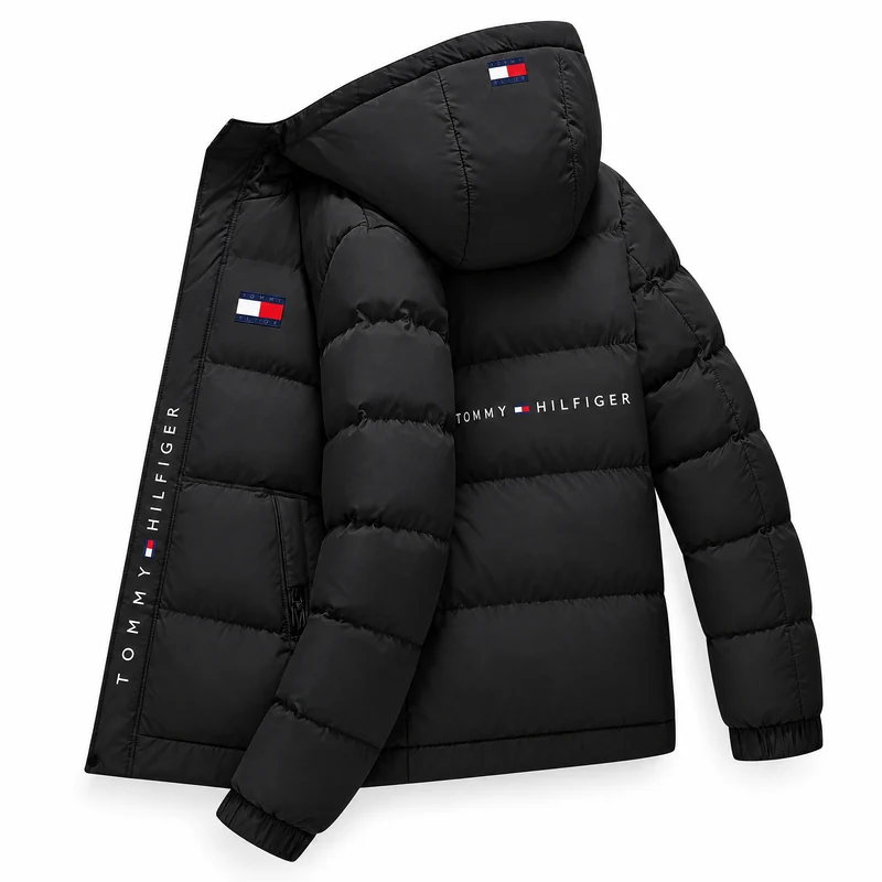 🔥LAST DAY 50% OFF🔥   Men's Classic Logo Hooded Puffer Jacket, Casual Winter Warm Zip Up Coat