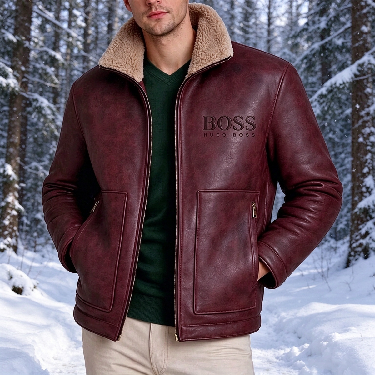 2026 Men's Leather Jacket with Shearling Collar