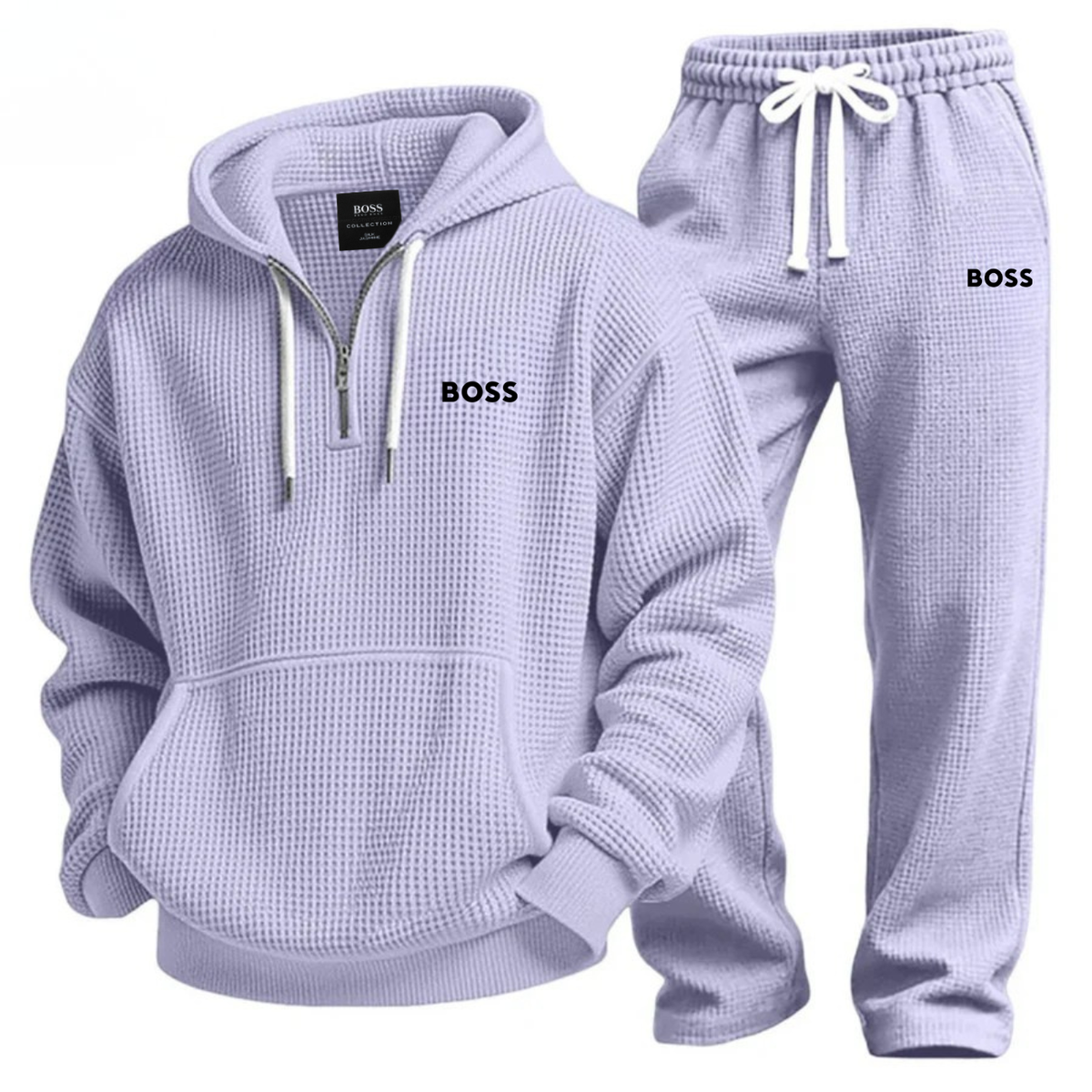Mens Waffle Knit Half Zip Hoodie Jogger Set – 2 Piece Lounge Tracksuit