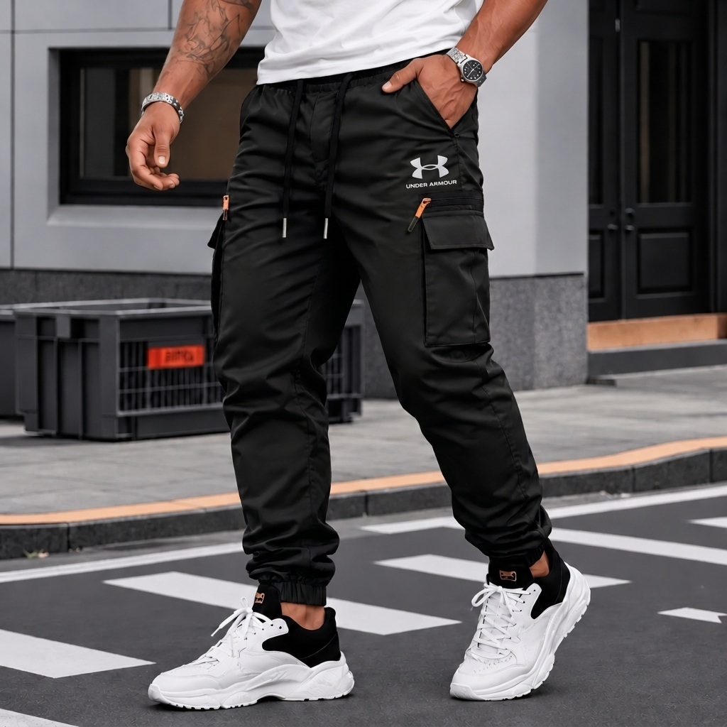 Men Woven Cargo Pants Elastic Drawstring Waist Joggers Outdoor Training Sweatpants