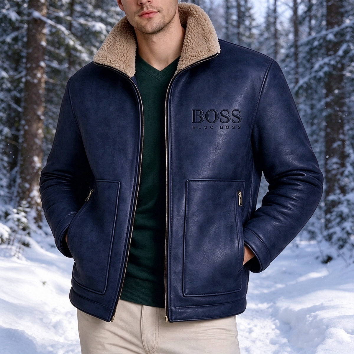 2026 Men's Leather Jacket with Shearling Collar