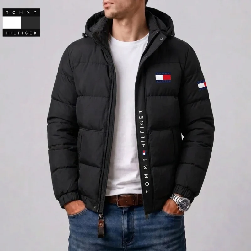 🔥LAST DAY 50% OFF🔥   Men's Classic Logo Hooded Puffer Jacket, Casual Winter Warm Zip Up Coat