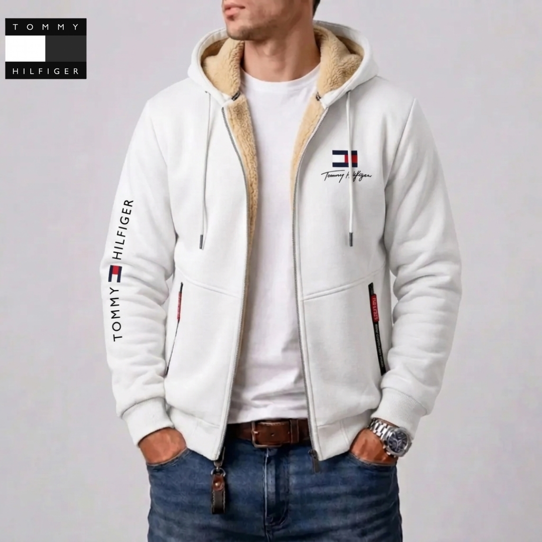 Men Winter Warm Fleece Lined Zip Hooded Jacket