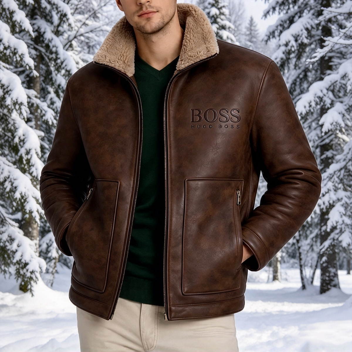 2026 Men's Leather Jacket with Shearling Collar