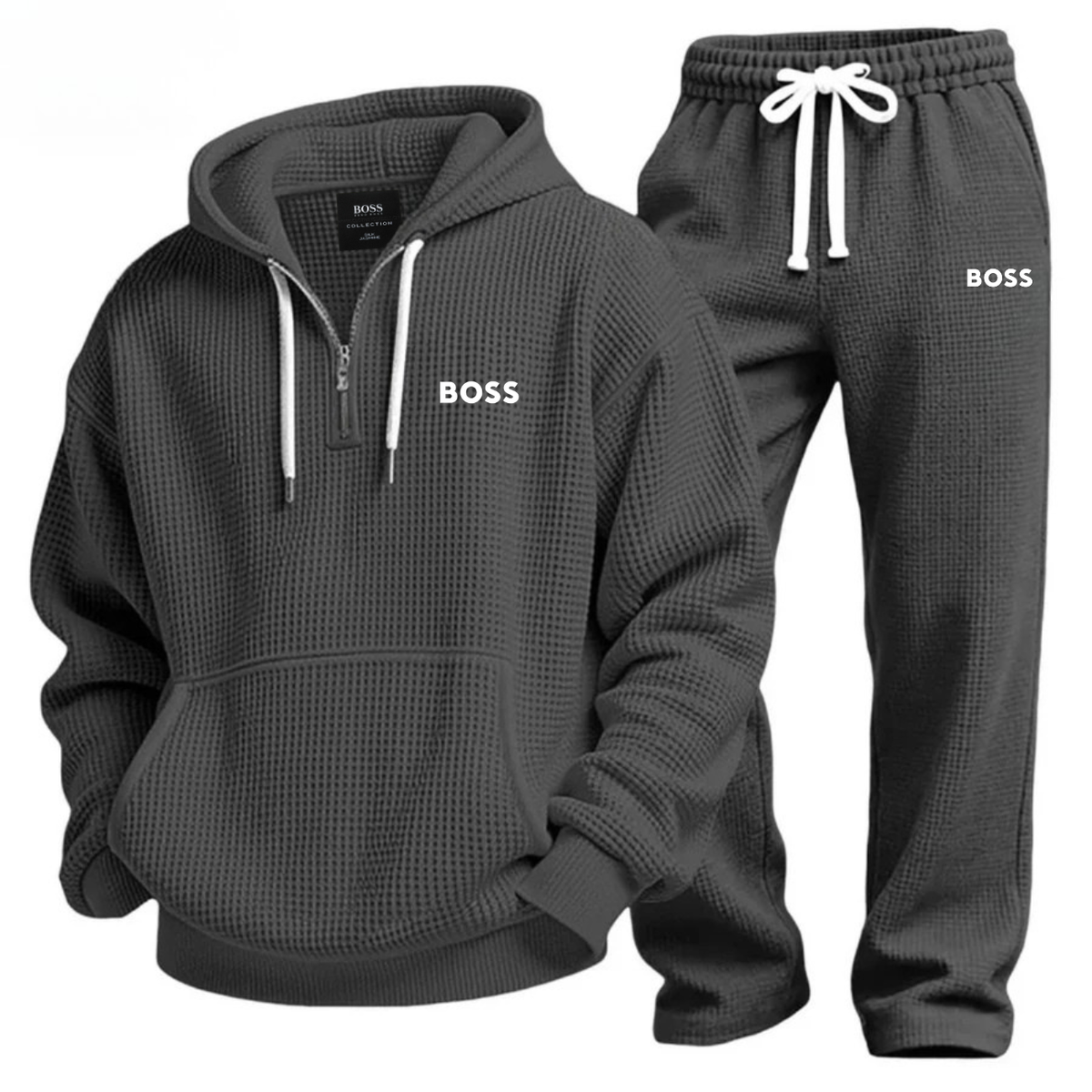 Mens Waffle Knit Half Zip Hoodie Jogger Set – 2 Piece Lounge Tracksuit
