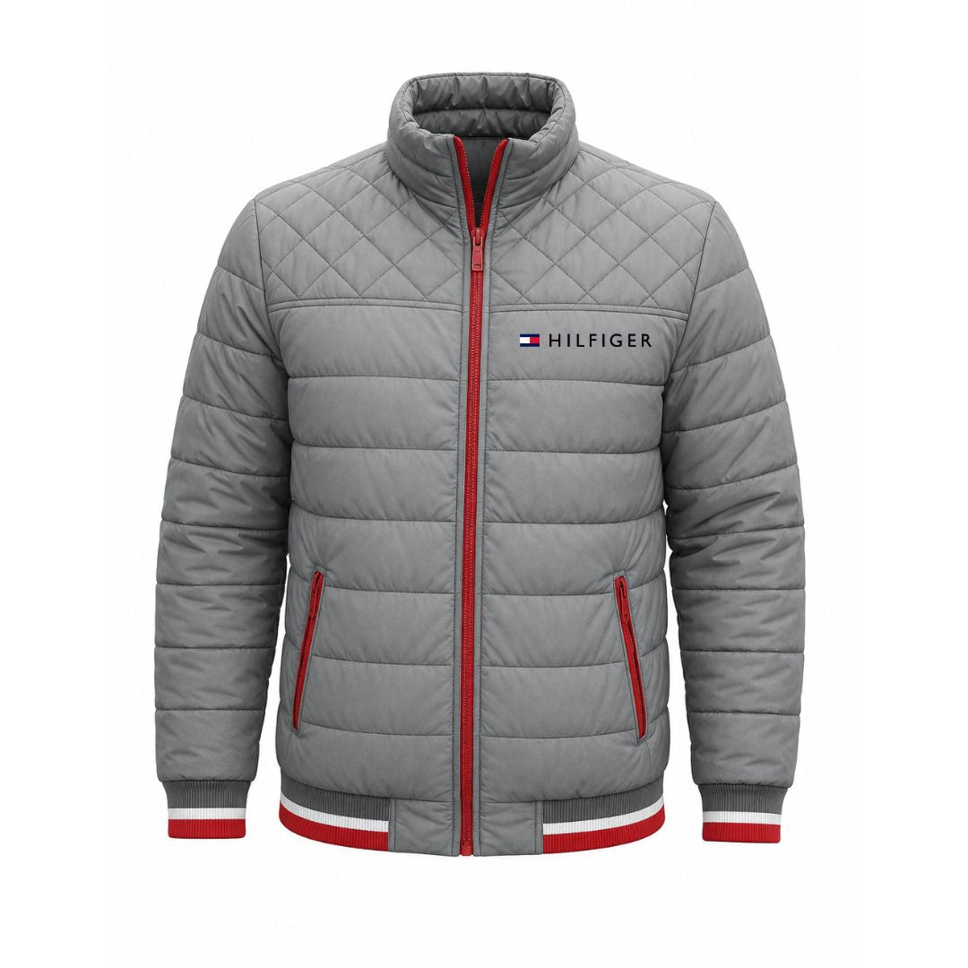 Men's Quilted Padded Bomber Jacket, Stand Collar Windproof Casual Outerwear