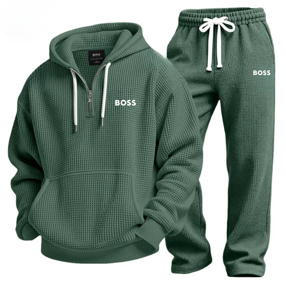 Mens Waffle Knit Half Zip Hoodie Jogger Set – 2 Piece Lounge Tracksuit