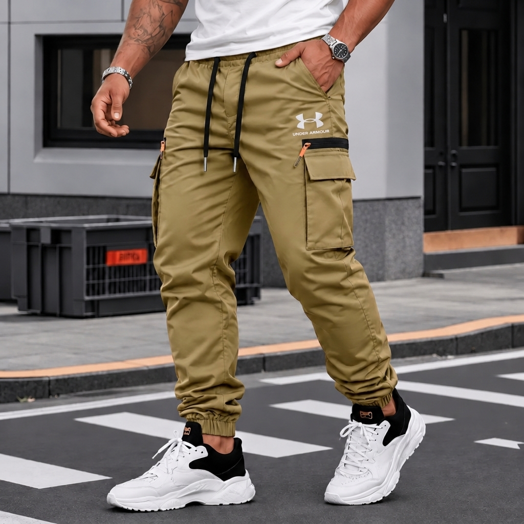 Men Woven Cargo Pants Elastic Drawstring Waist Joggers Outdoor Training Sweatpants
