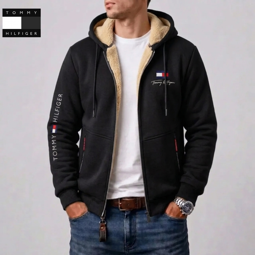 Men Winter Warm Fleece Lined Zip Hooded Jacket