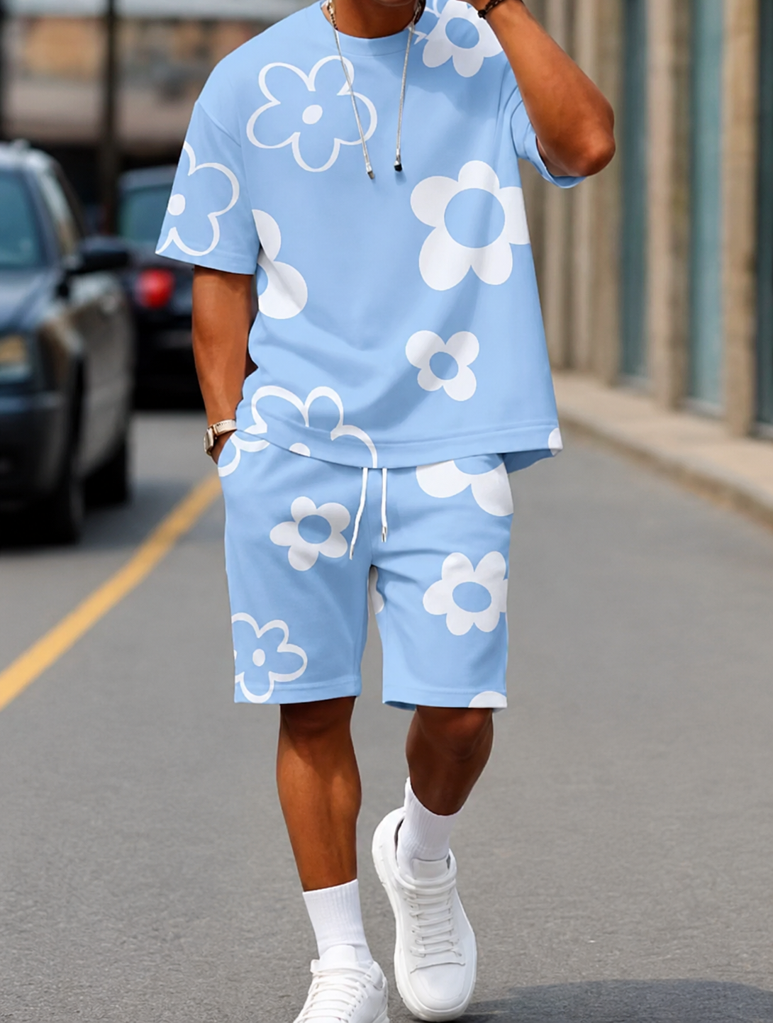 Men's  Printed Floral Short Sleeve Top and Shorts Matching Two-Piece Set