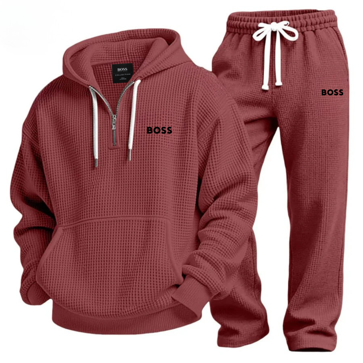 Mens Waffle Knit Half Zip Hoodie Jogger Set – 2 Piece Lounge Tracksuit