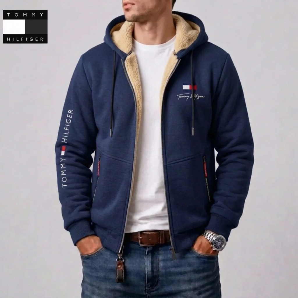 Men Winter Warm Fleece Lined Zip Hooded Jacket