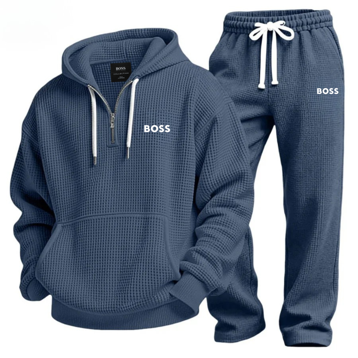 Mens Waffle Knit Half Zip Hoodie Jogger Set – 2 Piece Lounge Tracksuit