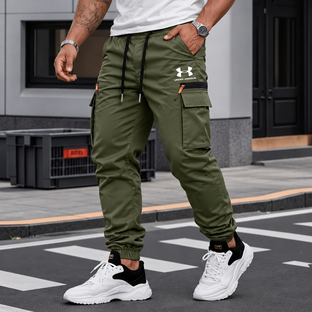 Men Woven Cargo Pants Elastic Drawstring Waist Joggers Outdoor Training Sweatpants