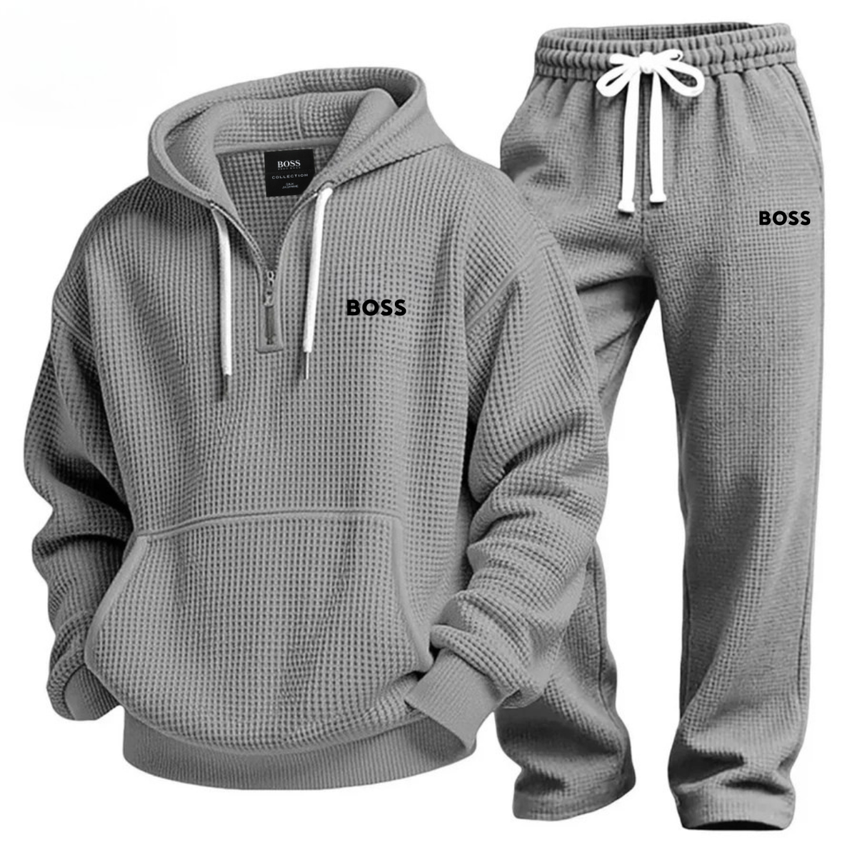 Mens Waffle Knit Half Zip Hoodie Jogger Set – 2 Piece Lounge Tracksuit