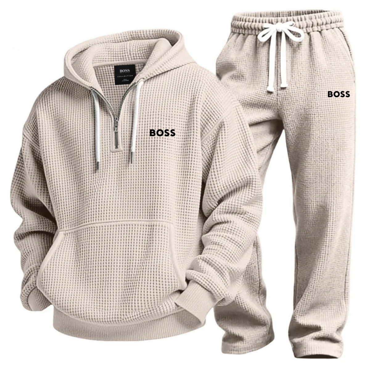Mens Waffle Knit Half Zip Hoodie Jogger Set – 2 Piece Lounge Tracksuit