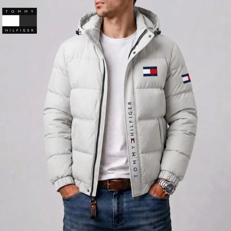 🔥LAST DAY 50% OFF🔥   Men's Classic Logo Hooded Puffer Jacket, Casual Winter Warm Zip Up Coat