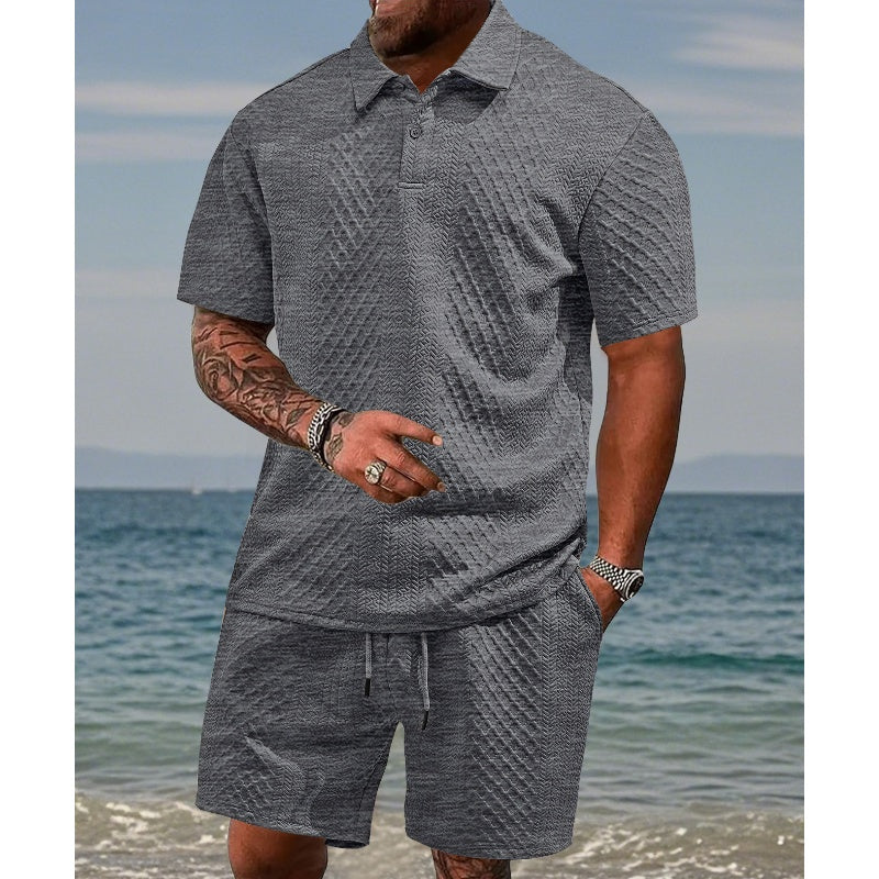 Men’s Diamond Pattern Turn-Down Collar Short Sleeve Top & Drawstring Shorts 2-Piece Set